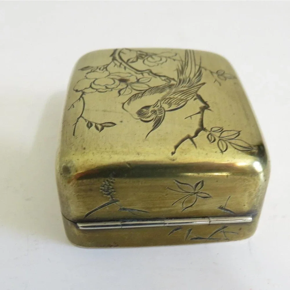 Vintage Asian Brass Trinket Box Bird Flower Engraving Hinged Small‎ Keepsake